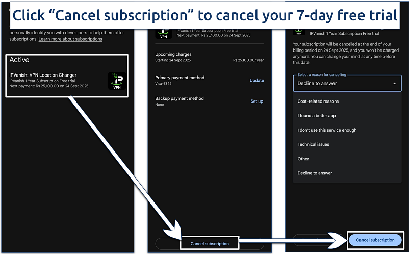 Image showing how to proceed with the cancellation of your IPVanish 7-day free trial