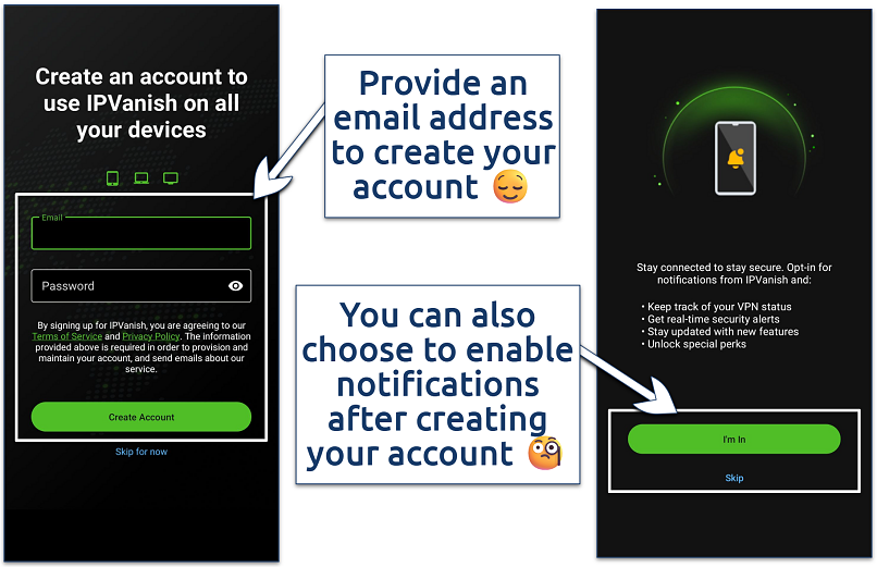 Screenshot of creating an account step for signing up with IPVanish
