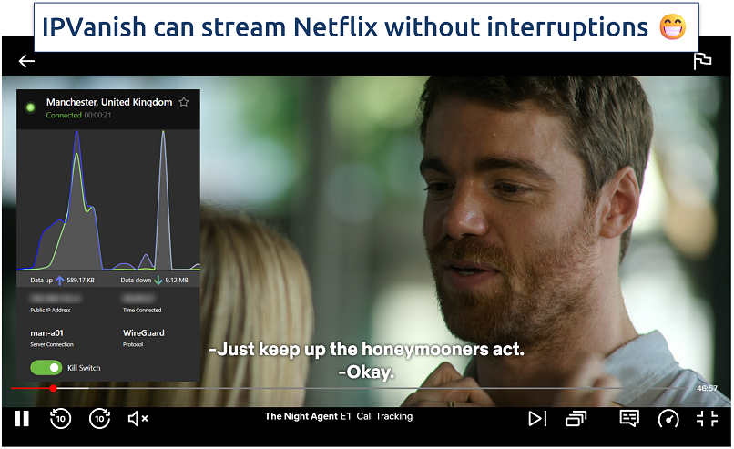 Screenshot of IPVanish streaming The Night Agent on Netflix UK