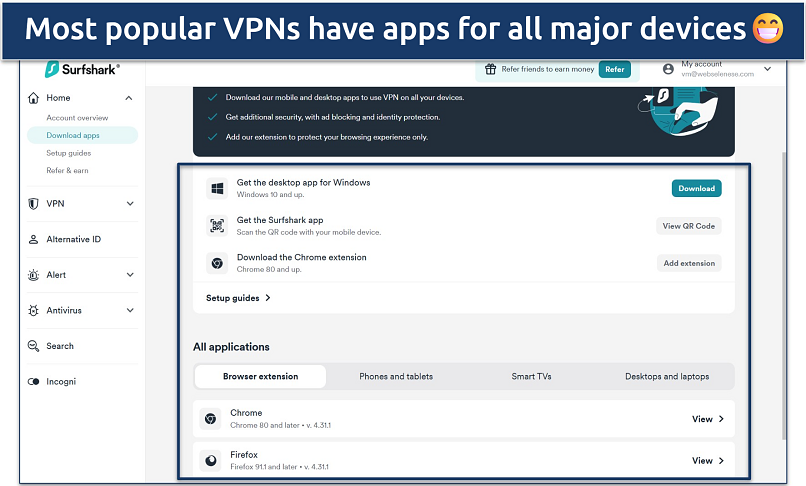 Screenshot of Surfshark's app download page