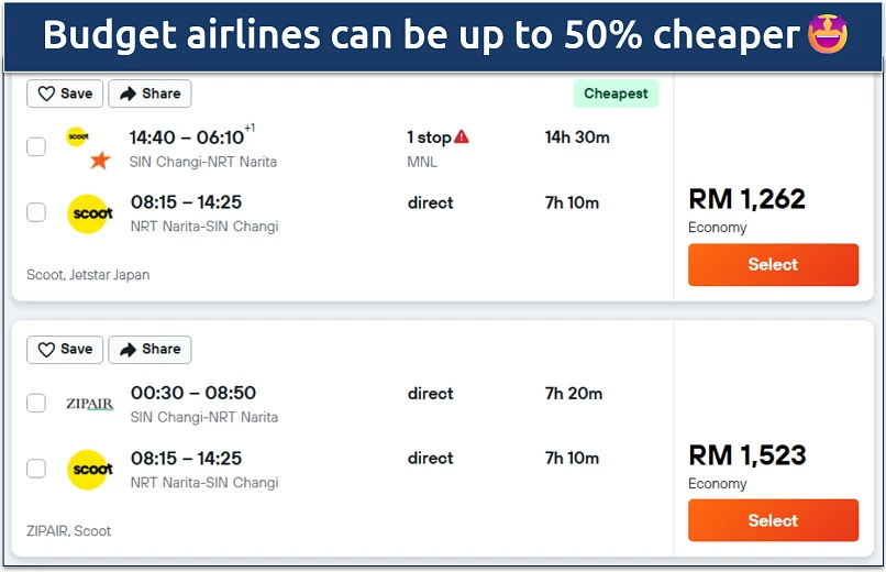 Screenshot of a Kayak flight search showing prices from budget carriers