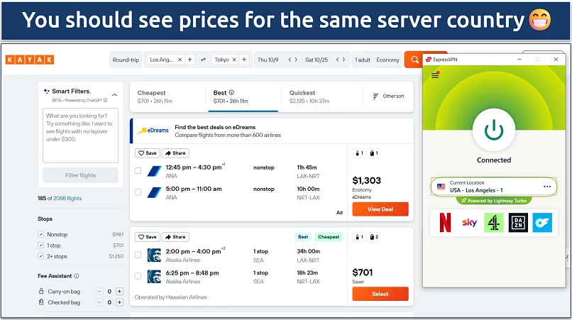 Screenshot of flight search results in USD on Kayak while connected to the ExpressVPN Los Angeles–1 server