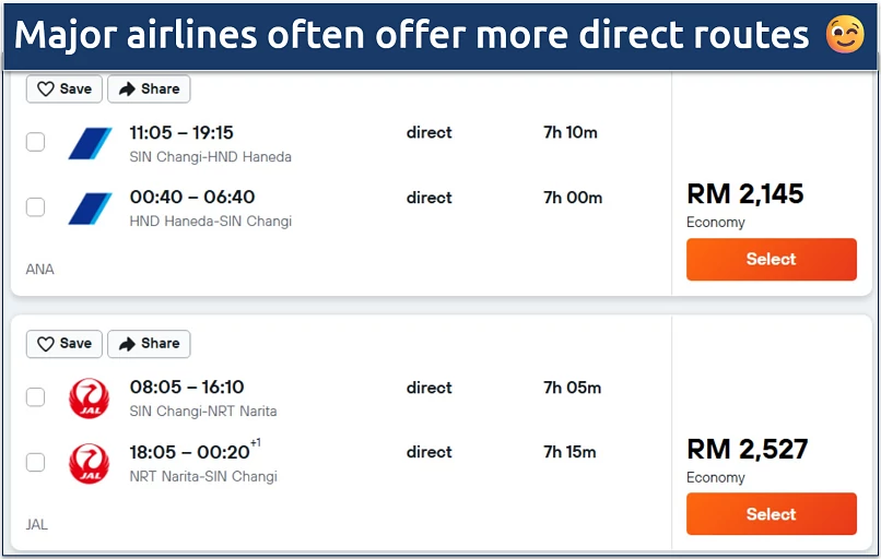 Screenshot of a Kayak flight search showing prices from major carriers