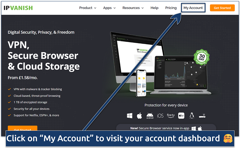 Image showing the IPVanish website landing page in Google Chrome on Windows