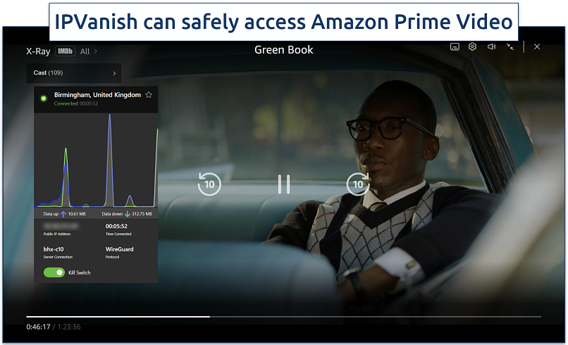 Image showing IPVanish's UK server streaming Green Book on Prime Video UK