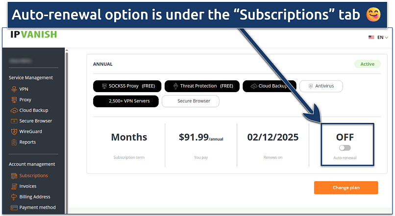 Image showing the subscription page of IPVanish on the account dashboard