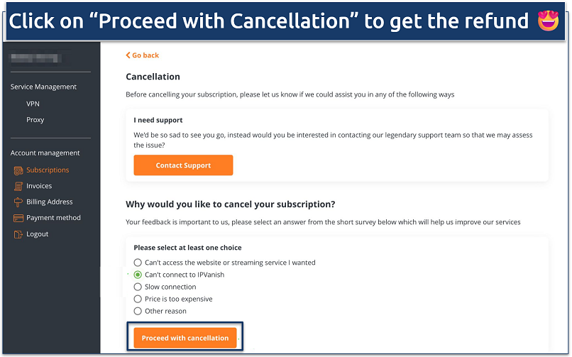 Image showing the cancellation page of IPVanish on the account dashboard