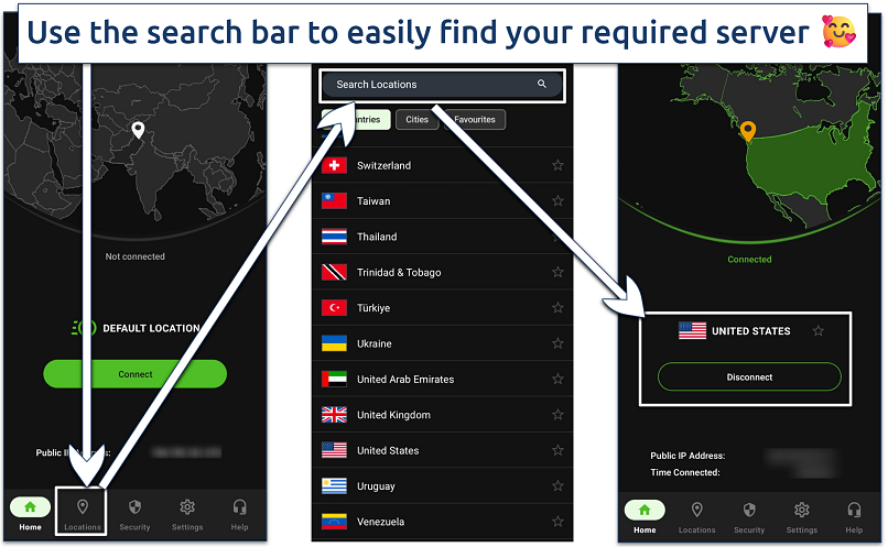 VPN app interfaces showing how IPVanish is connected to the US server