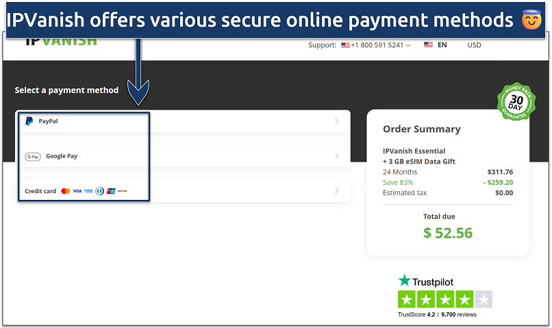 image showing the different methods of payment available to pay for an IPVanish purchase