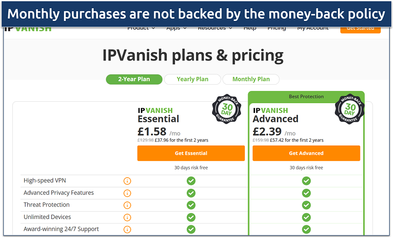 Screenshots showing the IPVanish purchase options