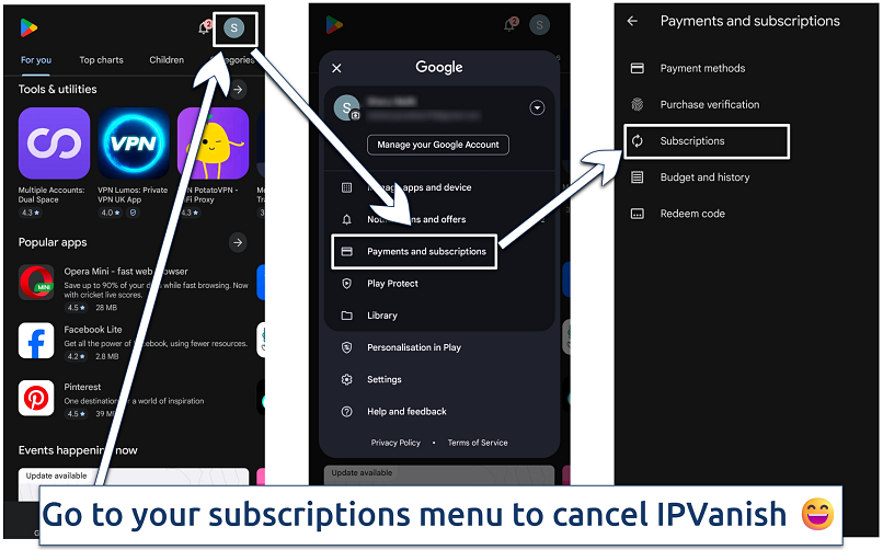 Screenshots showing how to find the subscriptions menu in your Google Play Store