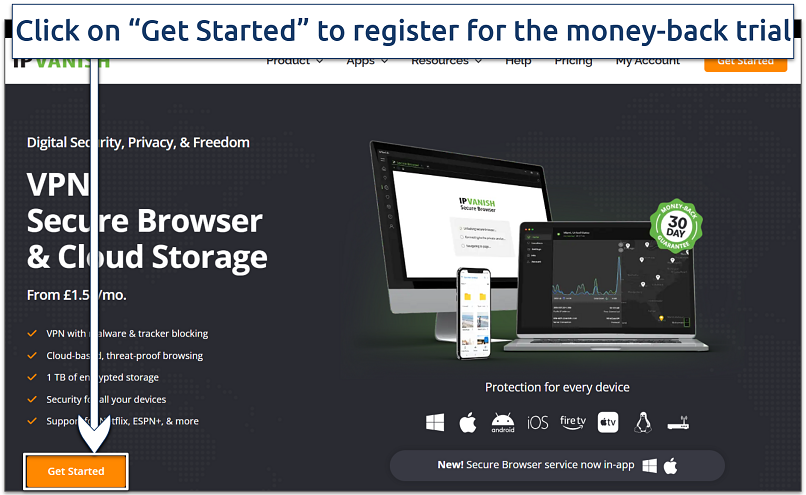 Image showing the landing page of the IPVanish website