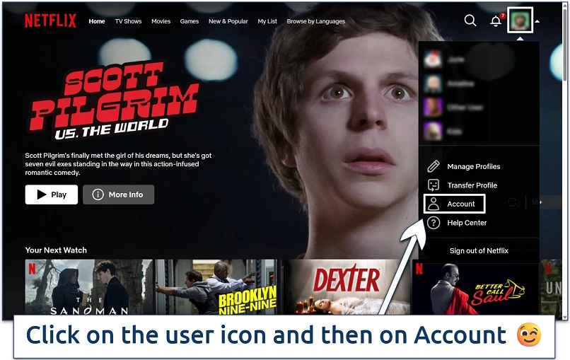 Screenshot showing the Netflix website interface with the Account option highlighted in the menu