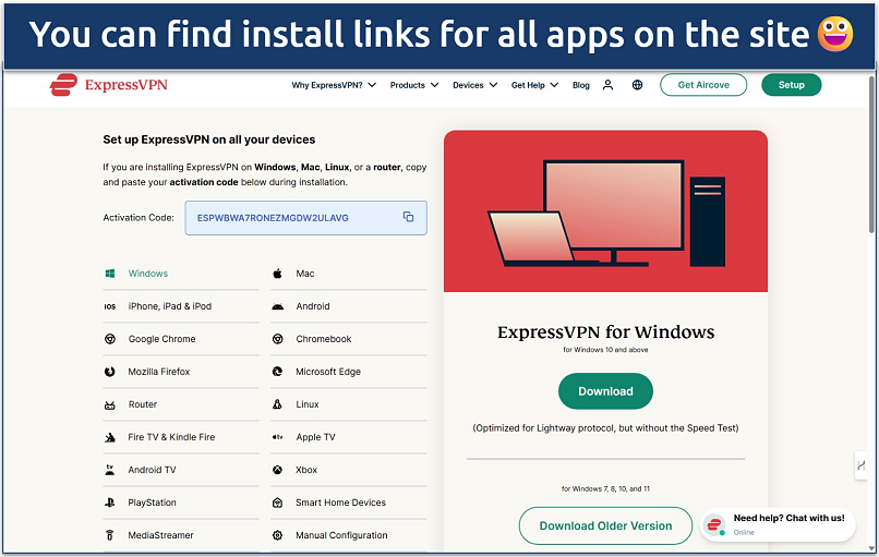 Screenshot of the supported devices download links in the ExpressVPN account dashboard