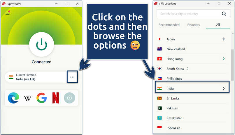 Screenshot of the ExpressVPN Windows interface showing how to find a server and with an active India server connection