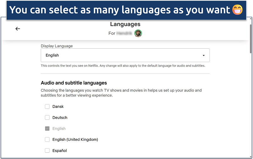 Screenshot of the Netflix languages settings page