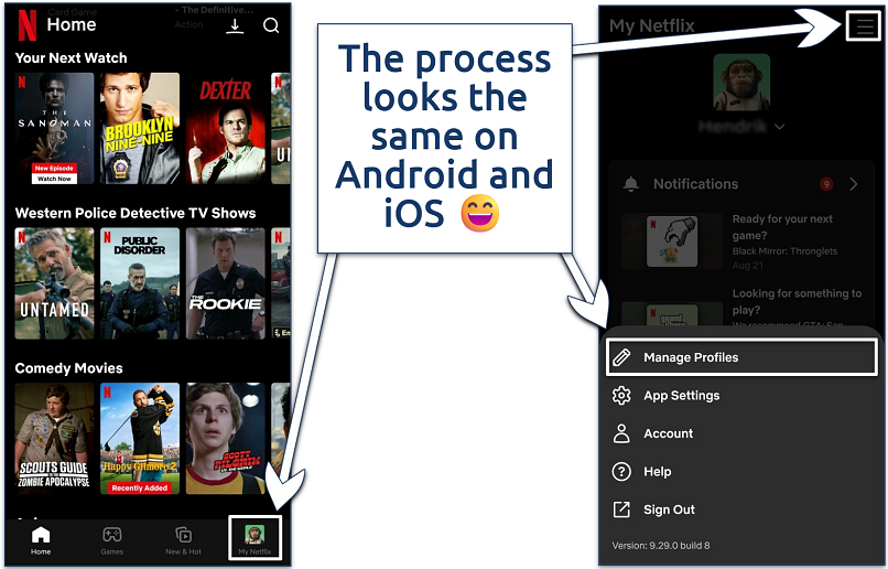 Screenshot of the Netflix mobile app interface with its Profile settings navigation