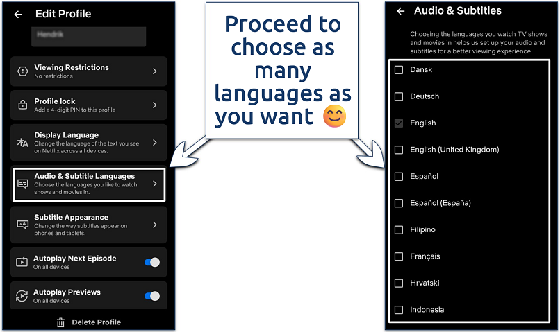 Screenshot of the Netflix mobile app language selection settings
