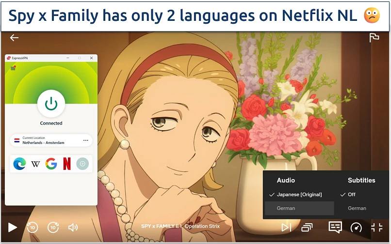 Screenshot of Spy x Family streaming on Netflix showing only two languages available in the Netherlands