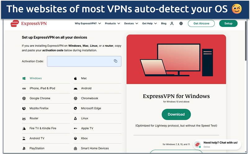 Screenshot of the VPN app account dashboard with its app download options