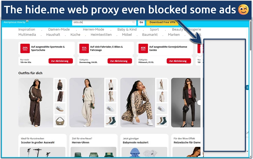 Screenshot of the Otto.de marketplace loaded via the hide.me web proxy
