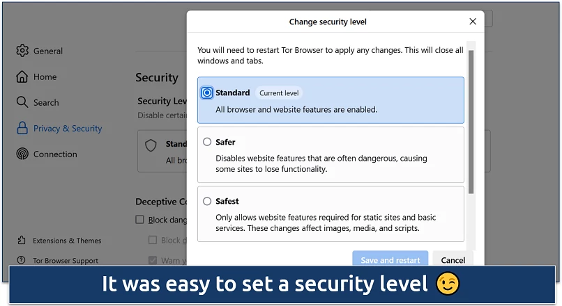 Screenshots of the Tor Browser Change security settings page