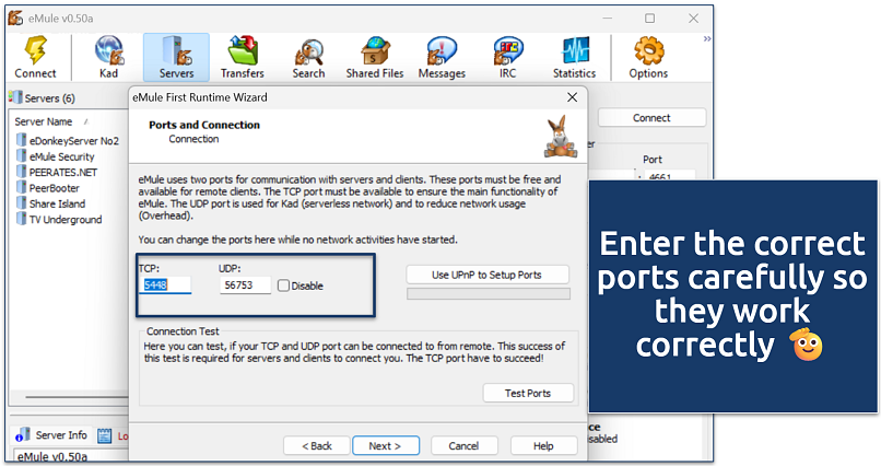Screenshot of eMule First Runtime Wizard showing TCP and UDP port configuration options