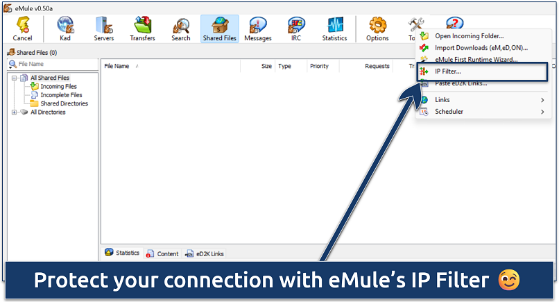 Screenshot of eMule interface highlighting the IP Filter option in the Tools menu