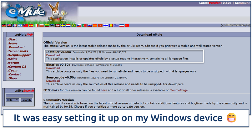 Screenshot of the official eMule download page highlighting the installer version