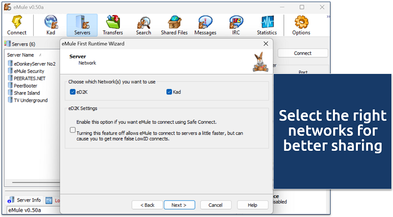 Screenshot of eMule First Runtime Wizard showing eD2K and Kad network selection options