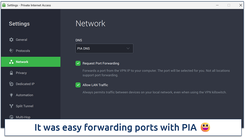 Screenshot of PIA network settings showing DNS, request port forwarding, and allow LAN traffic options
