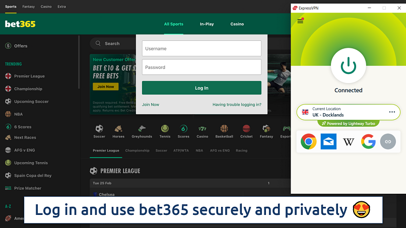 Screenshot showing the ExpressVPN app connected to a UK server over the bet365 login page