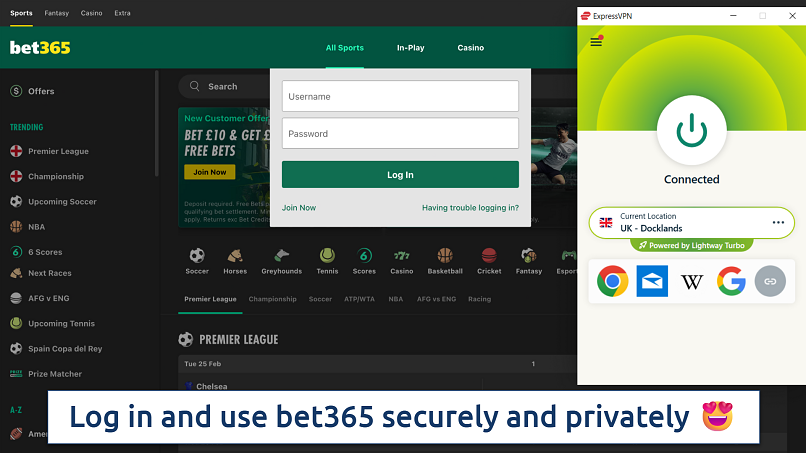 Screenshot showing the VPN app connected to a UK server over the bet365 login page