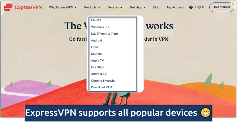 Screenshot of ExpressVPN’s “Devices” dropdown menu showing supported platforms
