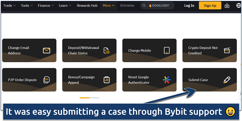 Screenshot of Bybit support page showing options