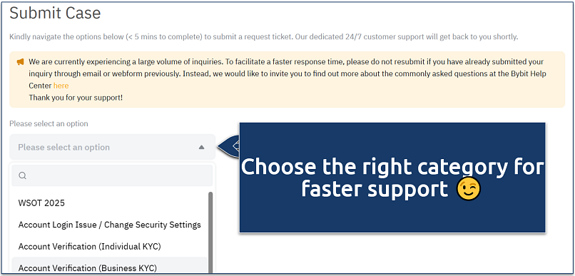 Screenshot of Bybit “Submit Case” page showing category options