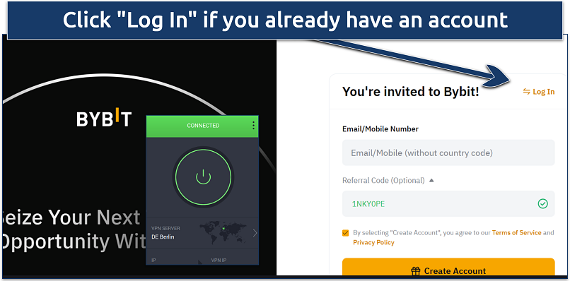 Screenshot showing a PIA VPN app connected to a server in Berlin, alongside the Bybit sign-up page