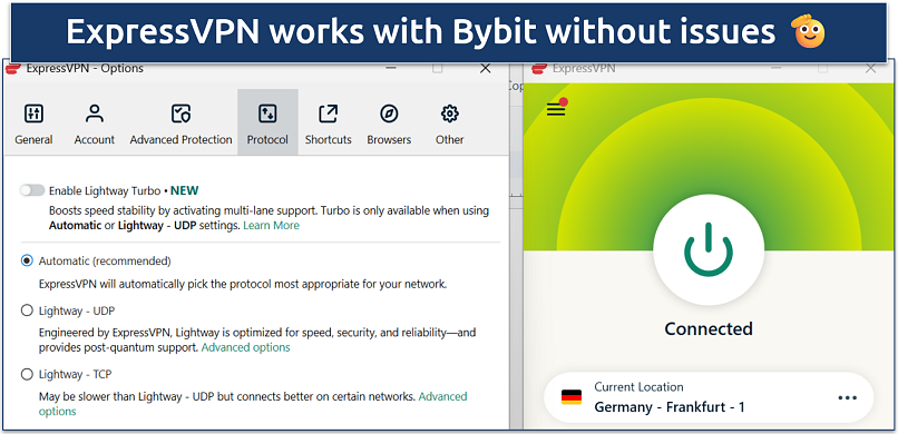 Screenshot of ExpressVPN window connected to a server in Frankfurt, Germany.