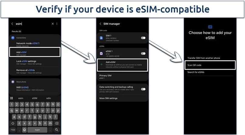 Screenshot of the eSIM setup process on Android