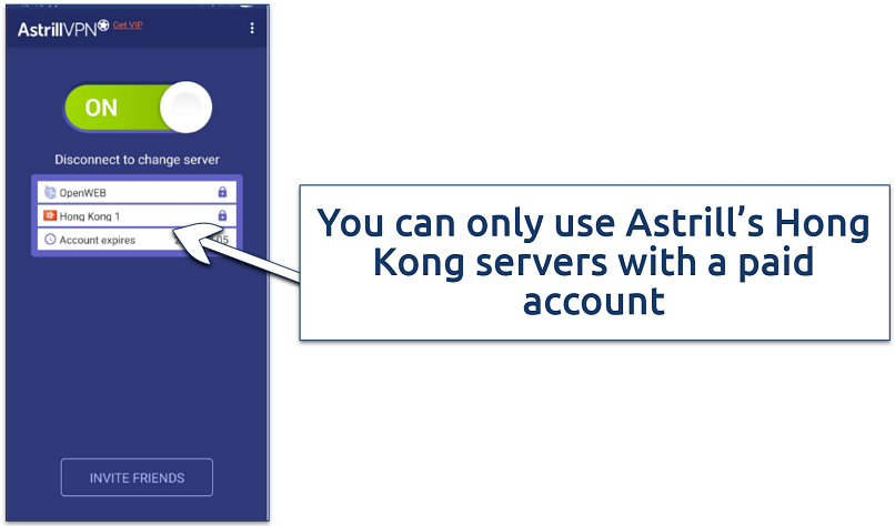 Screenshot of AstrillVPN showing that Hong Kong servers are locked with a free account