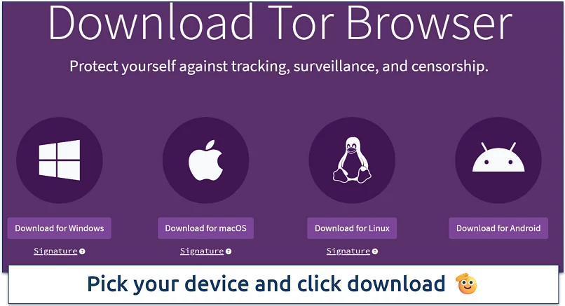Screenshot of the official Tor Project download page showing platform options for Windows, macOS, Linux, and Android