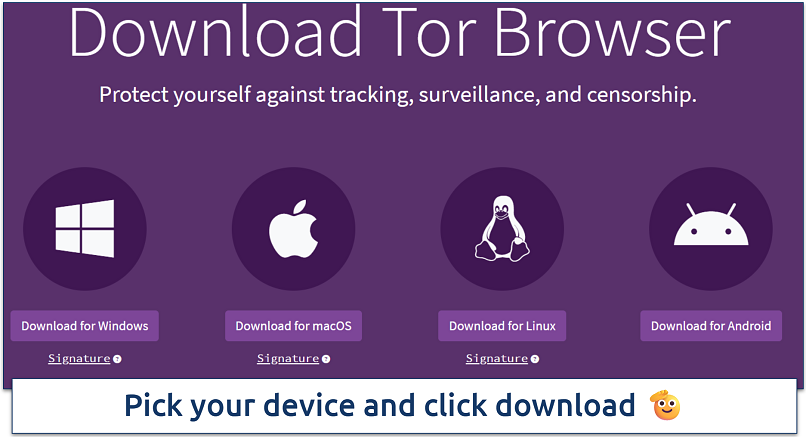 Screenshot of the official Tor Project download page showing platform options for Windows, macOS, Linux, and Android
