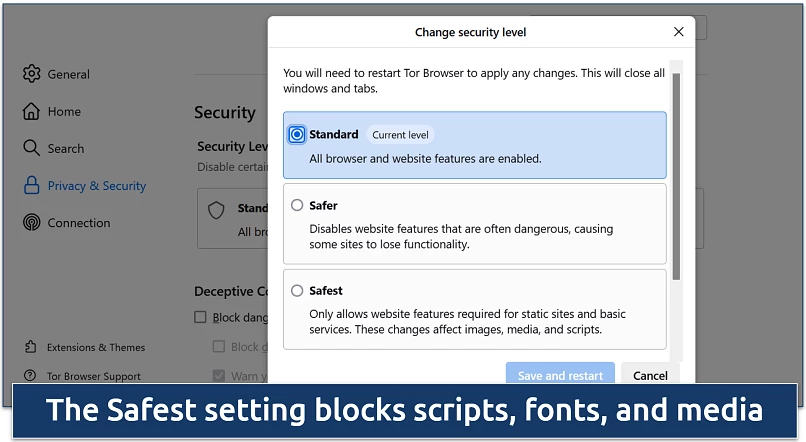 Screenshot of Tor Browser’s security settings