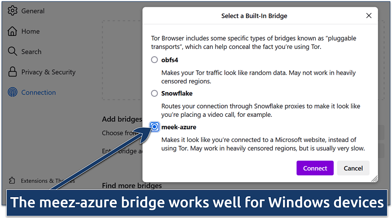 Screenshot of Tor Browser’s bridge selection window with meek-azure highlighted as the chosen option