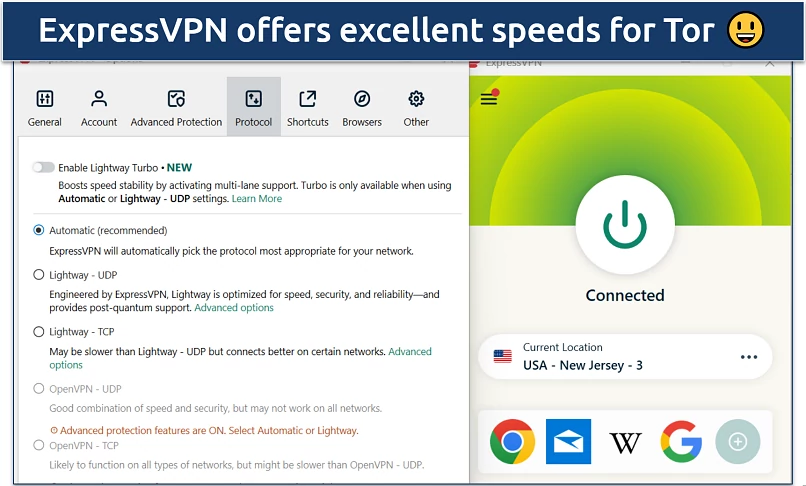Screenshot showing ExpressVPN connected to a U.S. server with protocol settings displayed on the left panel