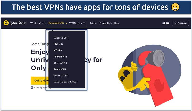 Screenshot of CyberGhost's download page showing the various devices it offers apps for