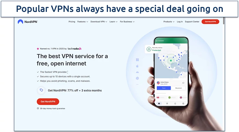 Screenshot of NordVPN's home page where it offers a deal on long-term subcriptions