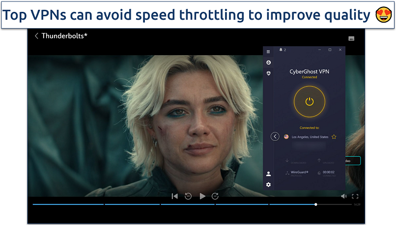 Screenshot of Disney+ player streaming Thunderbolts while connected to CyberGhost's Los Angeles server