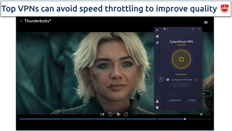 Screenshot of Disney+ player streaming Thunderbolts while connected to VPN app's Los Angeles server