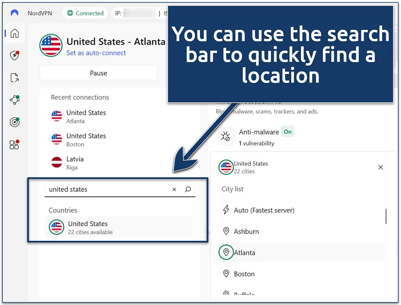Screenshot of NordVPN connected to its Atlanta location with 